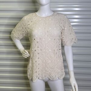 All At Once Crochet Short Sleeve Womens S Round Neck Cotton Top